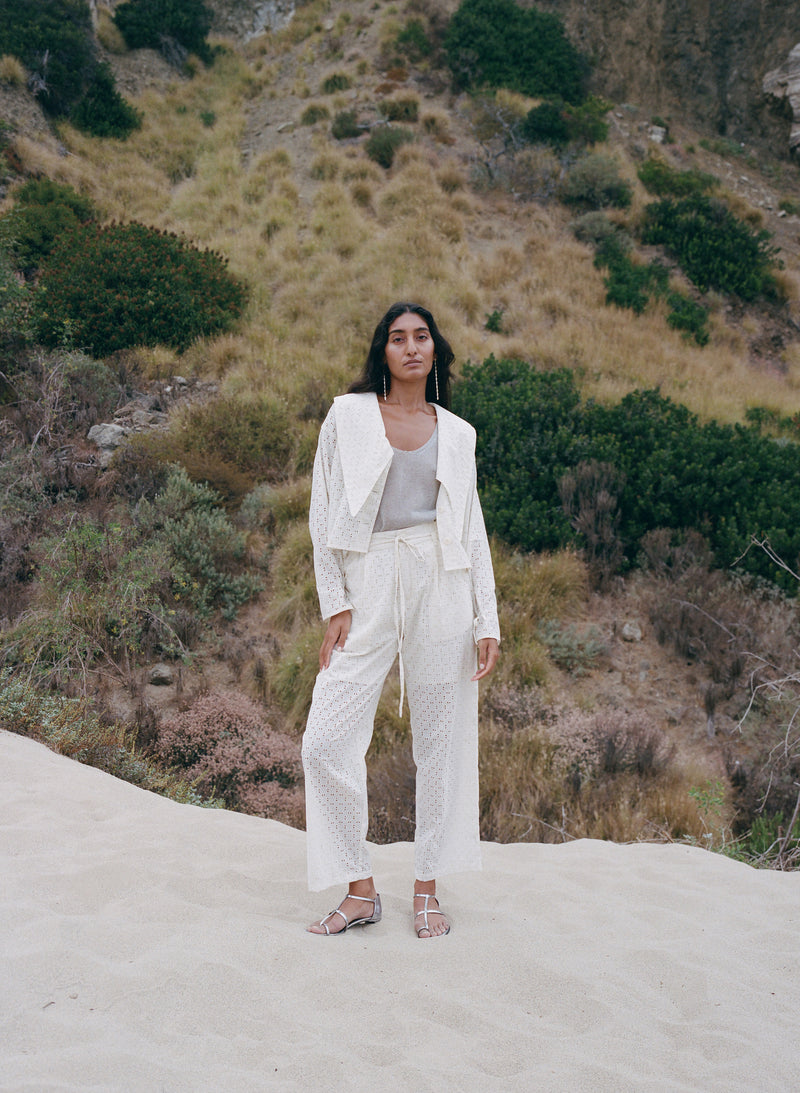 Clarice Geo Cotton Eyelet Pant Parchment